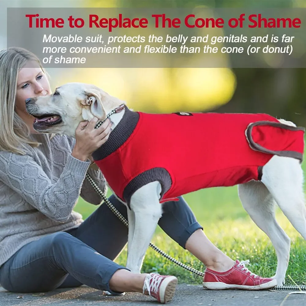 Red L Dog Recovery Suit - After Surgery Cone Alternative for Female & Male Dogs